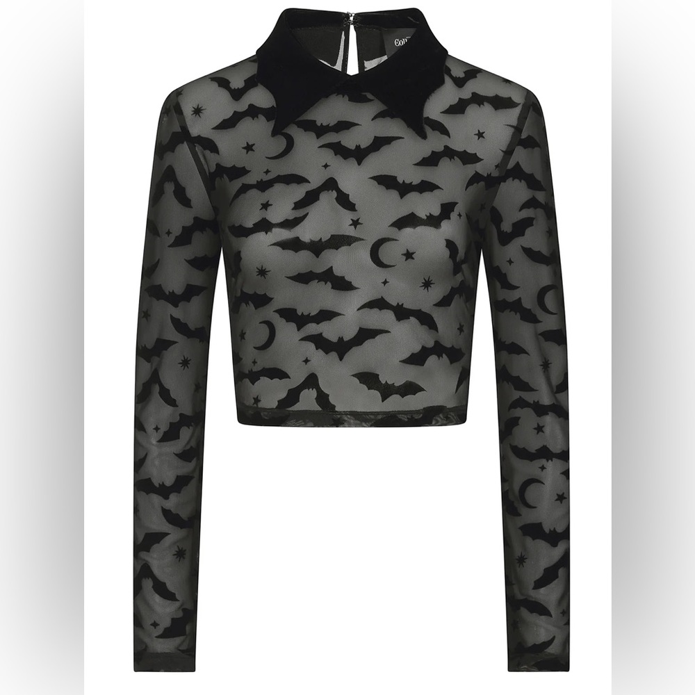 Collectif Unique Vintage Goth Roo Bat Mesh Crop Top